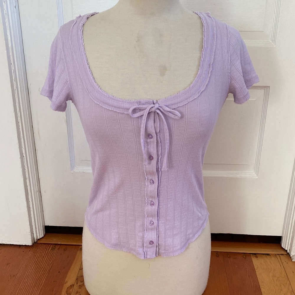 Aerie Light Purple Pointelle Knit Short Sleeve Button-Down‎ Top XS